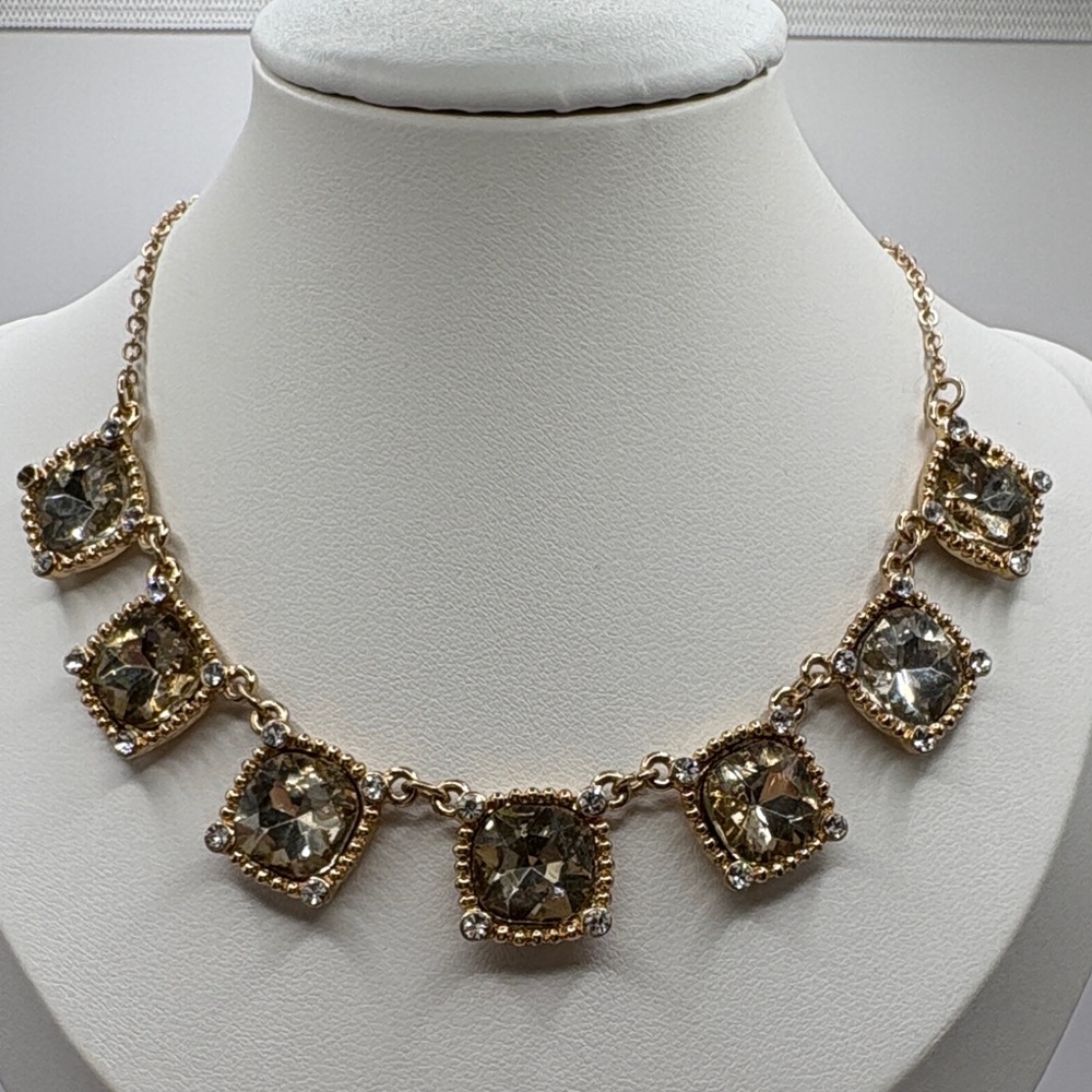 J Crew Gold Statement Necklace Champagne Crystal Square Bib - Picture 3 of 10